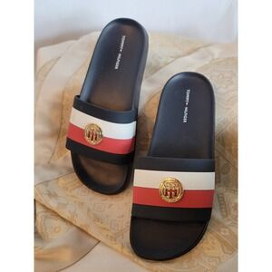 Tommy Hilfiger Diedre Slides Black White Red Gold Logo Sandals Womens 9M